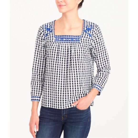 Crew Navy White Gingham Plaid Blue Floral Embroidered Peasant Top Blouse S - Picture 1 of 4